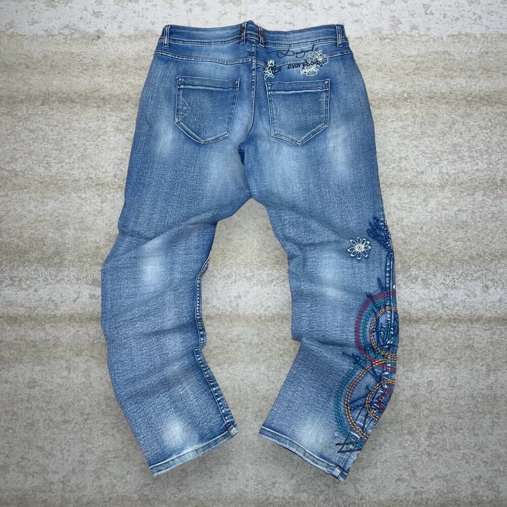 Vintage Y2K Desigual Jeans 34x30 Straight Fit Unique Button Fly Embroidered Art